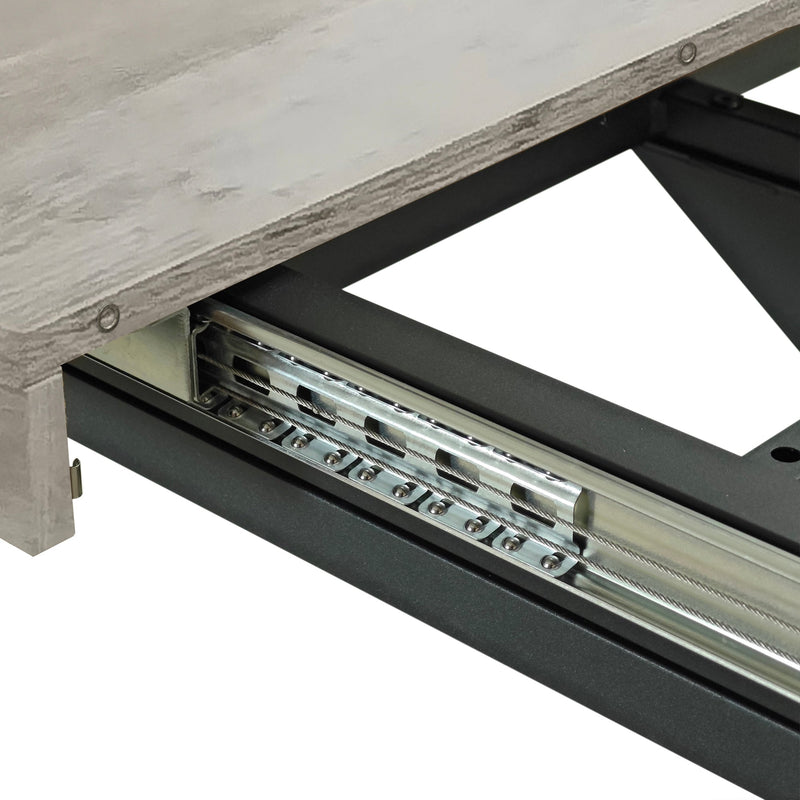 55.11" -70.86"Retro Rectangular Stretch Dining Table, Grey Carole Top With Black Embossed Center Plate, Black Fine Sand Cross Iron Foot Base Dining Table, With Storage Box.