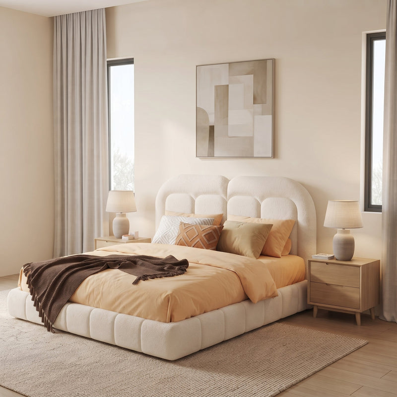 Queen Size Boucle Upholstered Platform Bed with Tufted Headboard, photo 2 of 10