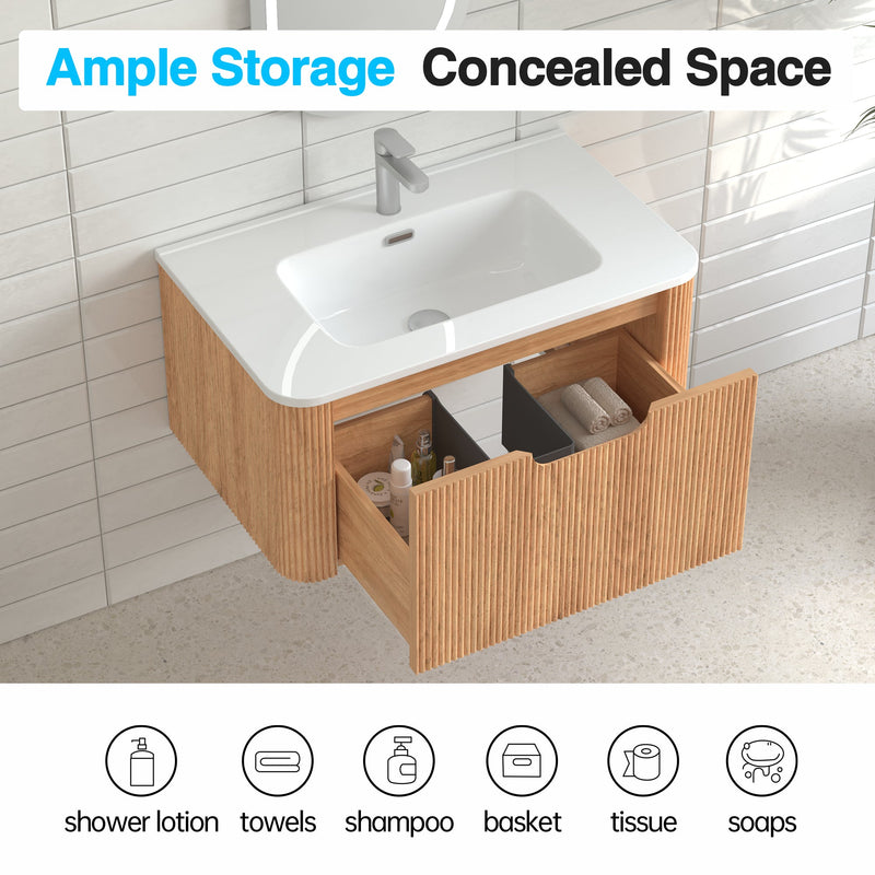 30-Inch Wall-Mounted Floating Solid Wood Bathroom Vanity, photo 5 of 10