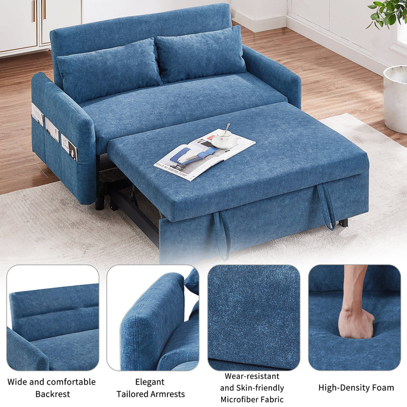 55.1" Pull Out Sleep Sofa Bed Loveseats Sofa Couch with Adjustable Backrest, Storage Pockets, 2 Soft Pillows, USB Ports for Living Room, Bedroom, Apartment, Office, Blue