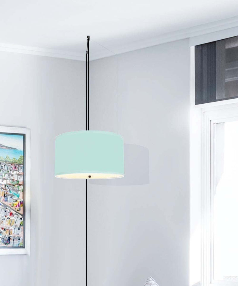 2 Light Swag Plug-In Pendant 16"w Island Paradise Aqua Linen Drum with Diffuser, Black Cord