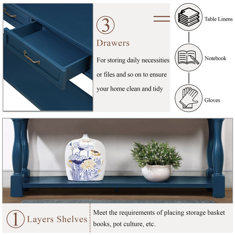63inch Long Wood Console Table with 3 Drawers and 1 Bottom Shelf for Entryway Hallway Easy Assembly Extra-thick Sofa Table(Navy Blue)