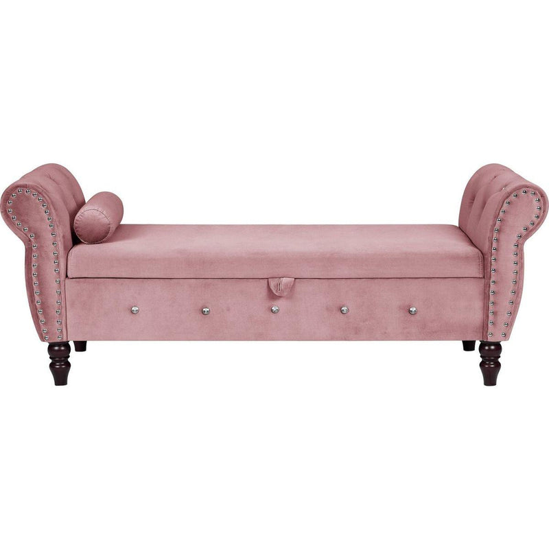 63.38"Velvet Multifunctional Storage Rectangular ottoman bench Comes with crystal buckle Solid Wood Legs with 1 Pillow,Pink