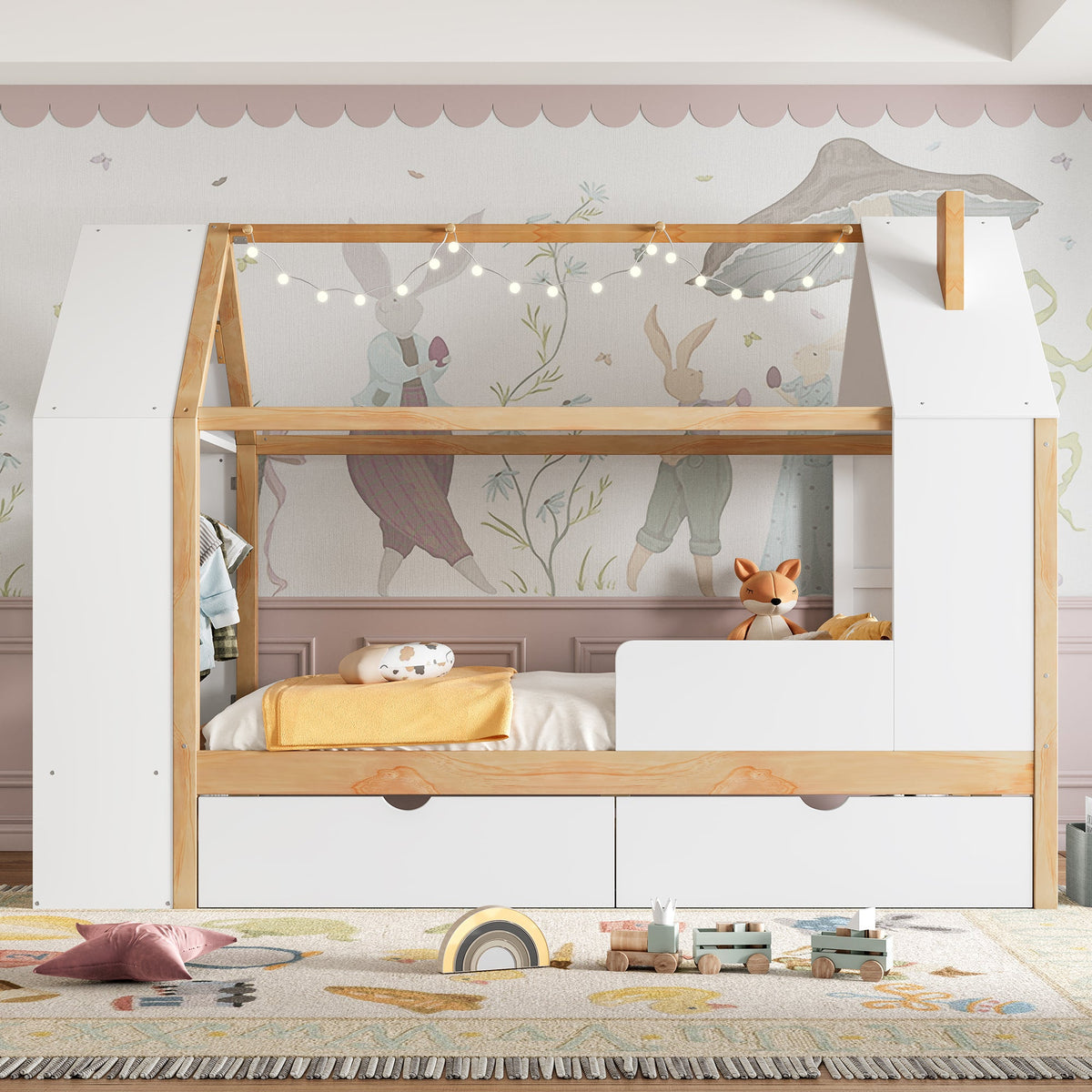 Twin Size House Platform Bed with Drawers, Solid Wood House Bed with Shelves, photo 4 of 10