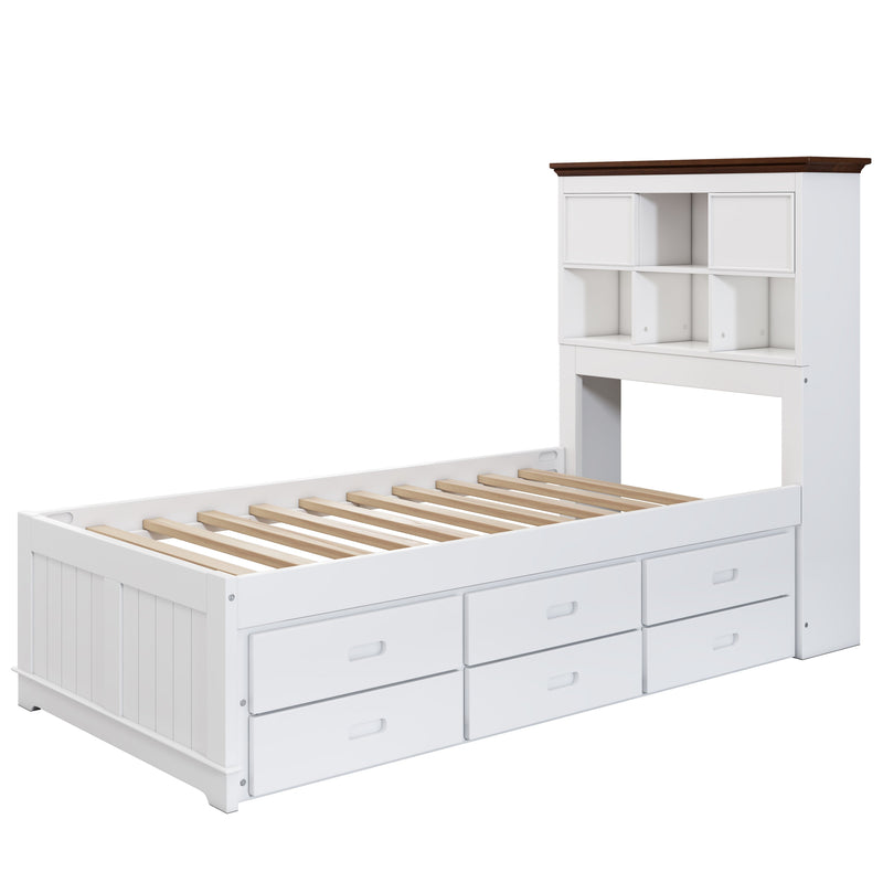 3 Pieces Wooden Captain Bedroom Set Twin Bed with Trundle, Nightstand and Dresser, White + Walnut