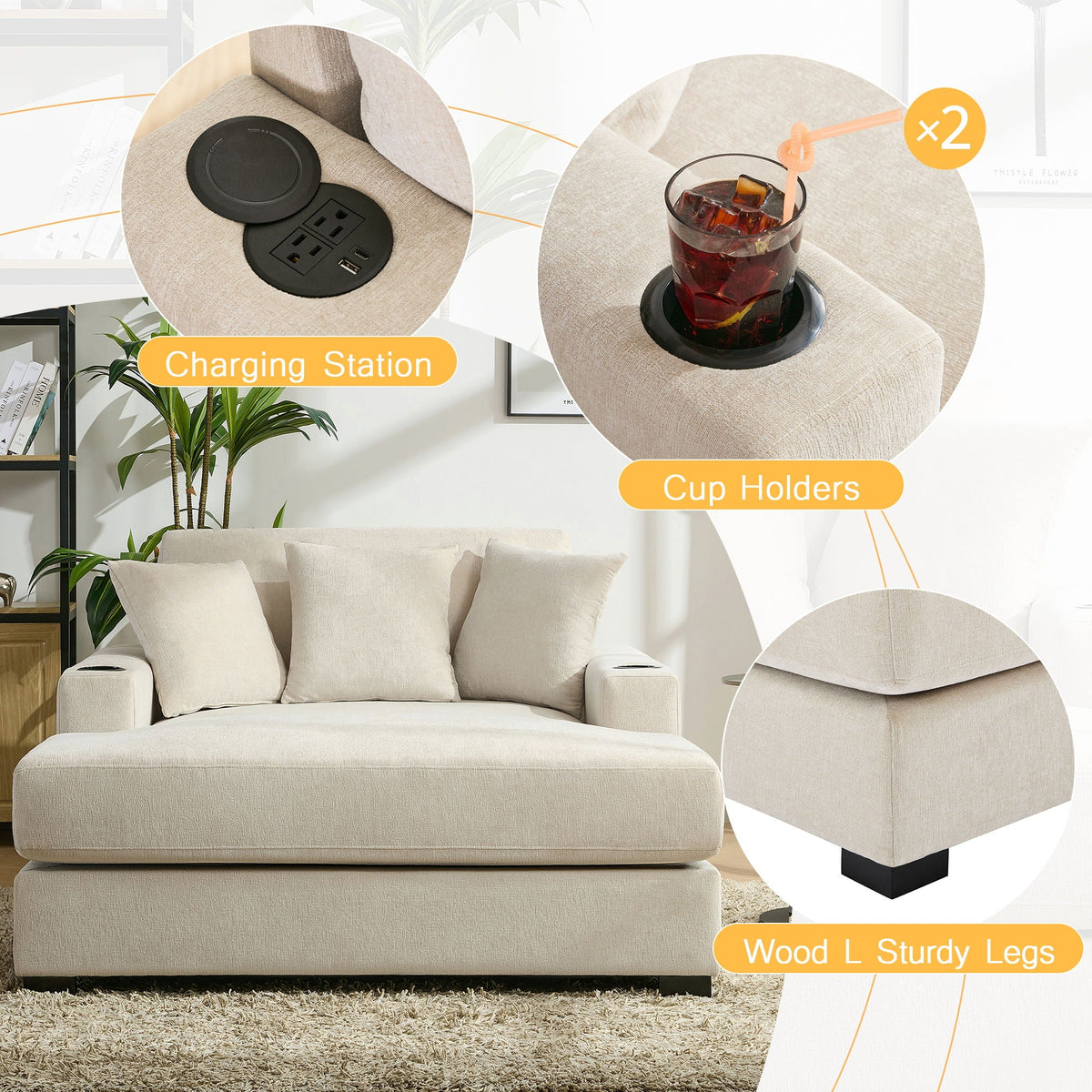 Oversized Chaise Lounger Modern Style Sofa Couch With Pillows, Charge Station & Cup Holders, photo 23 of 23