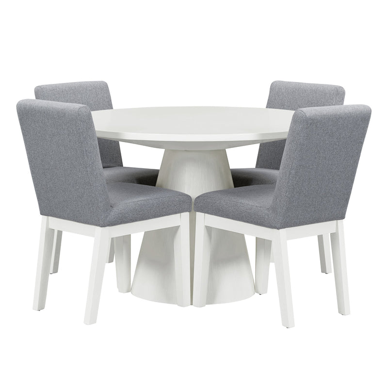 5-piece Dining Set Retro Round Table with 4 Upholstered Chairs for Living Room, Dining Room (White)