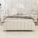 3 Pieces Bedroom Sets Queen Size Velvet Upholstered Platform Bed Vertical Channel Tufted Headboard and Two Three-drawer Nightstands,Beige
