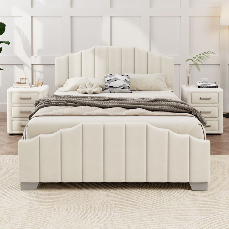 3 Pieces Bedroom Sets Queen Size Velvet Upholstered Platform Bed Vertical Channel Tufted Headboard and Two Three-drawer Nightstands,Beige