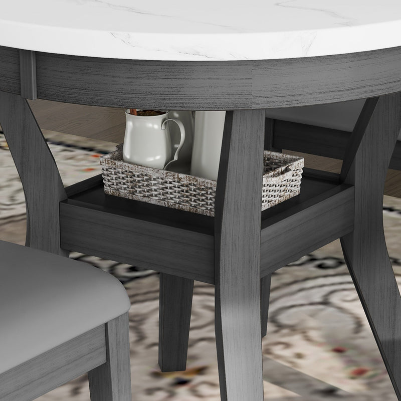 5-piece Dining Round Table Set with One Faux Marble Top Dining Table and Four PU-leather Chairs,Grey