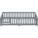 Twin Size Bed Floor Bed with Safety Guardrails and Door for Kids, Gray