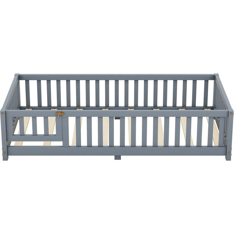 Twin Size Bed Floor Bed with Safety Guardrails and Door for Kids, Gray