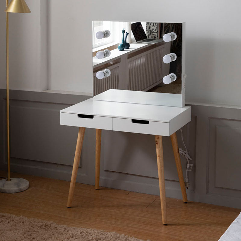 Walker Edison - Wooden Vanity Table Makeup Dressing Desk with LED Light,dressing table with USB port,White