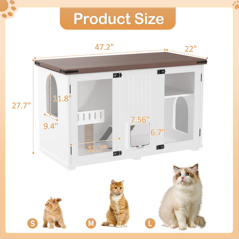 47.25' Large Cat Litter Box Enclosure with LED Light, Hidden Litter Box Furniture, Cat House with Stairs and Cat Scratching Post, Cat Cabinet Side Table with Smart Doors for Living Room, White