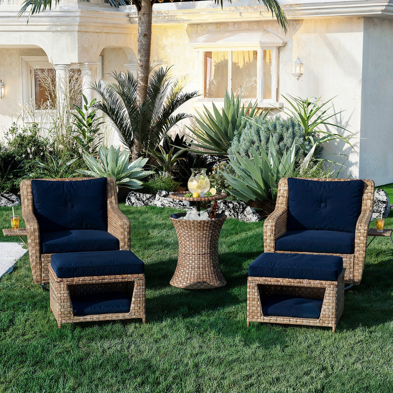 5 Pieces Outdoor Patio Furniture Set with Pet House Cool Bar and Retractable Side Tray, Rattan Wicker Patio Swivel Rocking Chairs Set of 2 with Ottomans for Backyard, Porch, Balcony, Navy Blue