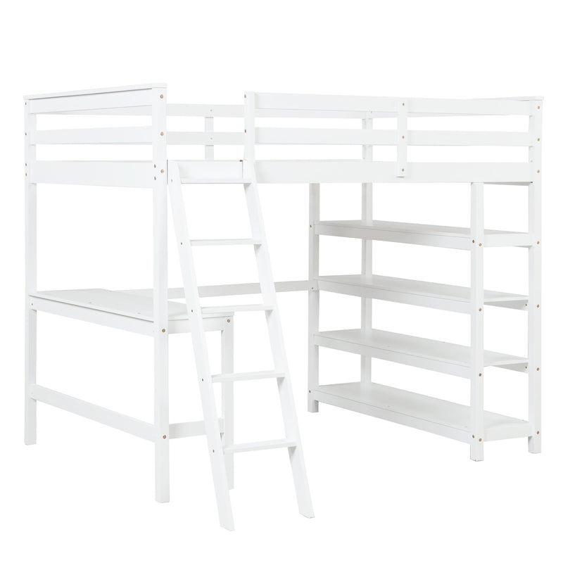 Loft Bed Full with desk,ladder,shelves, White