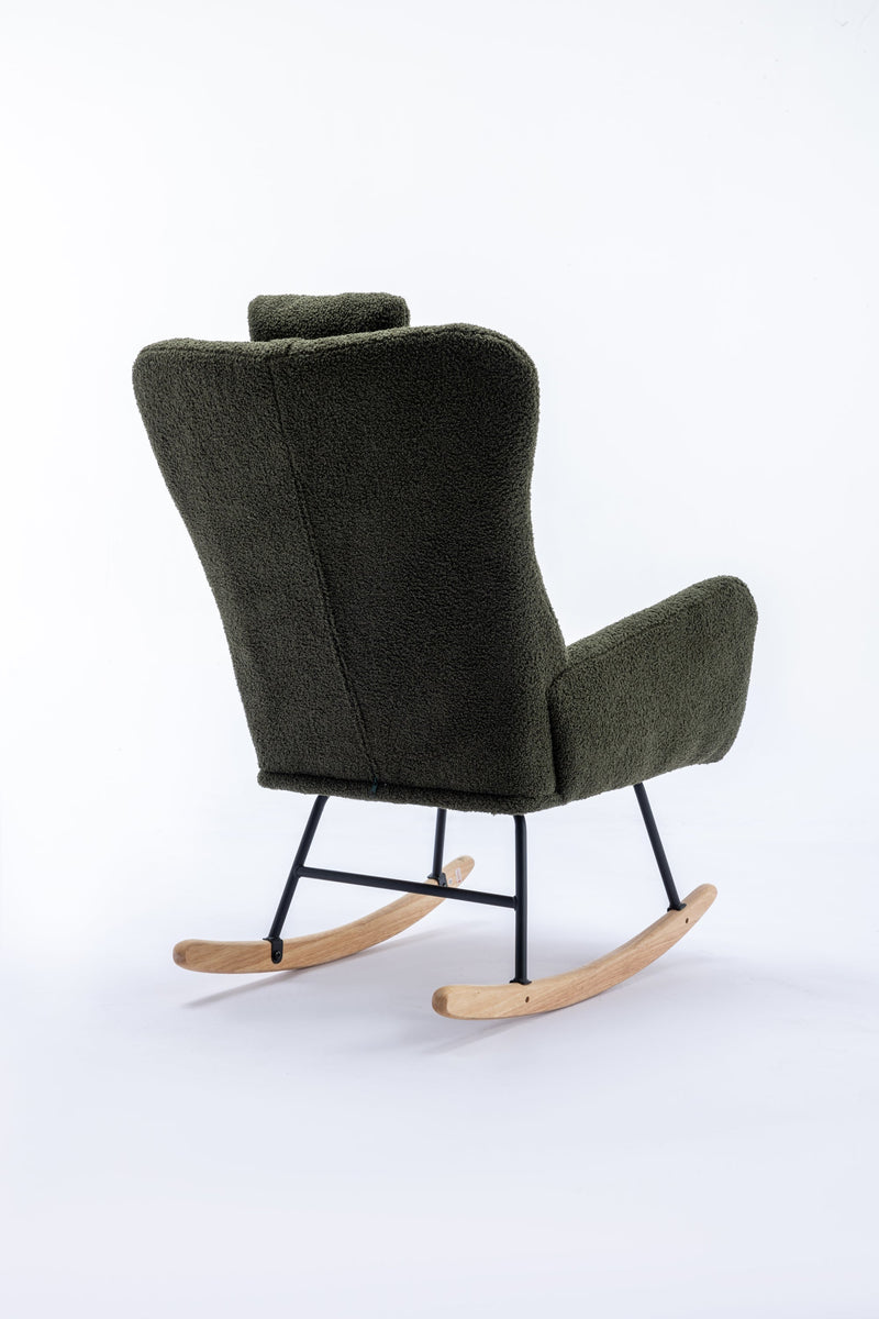 35.5 inch Rocking Chair, Soft Teddy Velvet Fabric Rocking Chair for Nursery, Comfy Wingback Glider Rocker with Safe Solid Wood Base for Living Room Bedroom Balcony (dark green)