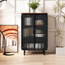 28.35" Glass Doors Modern Two-door Cabinet with Featuring Three-tier Storage, Unique Fir Cabinet Top, for Entryway, Living Room, Home Office, Dining Room