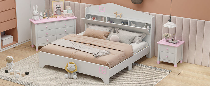 3-Pieces Bedroom Sets Full Size House Bed with Storage Headboard, Wooden Nightstand and Storage Dresser,White