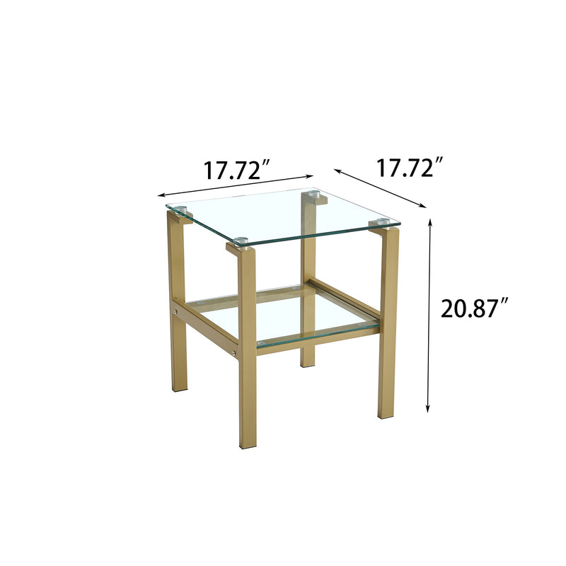 2-Piece Gold+Clear Glass Side & End Table with Storage Shelve, Night Stand/Sofa Table Bedroom Corner Table