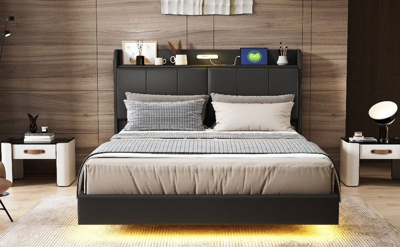 Walker Edison | Modern Upholstered Platform Queen Bed with Floating Bed Frame & Storage Headboard