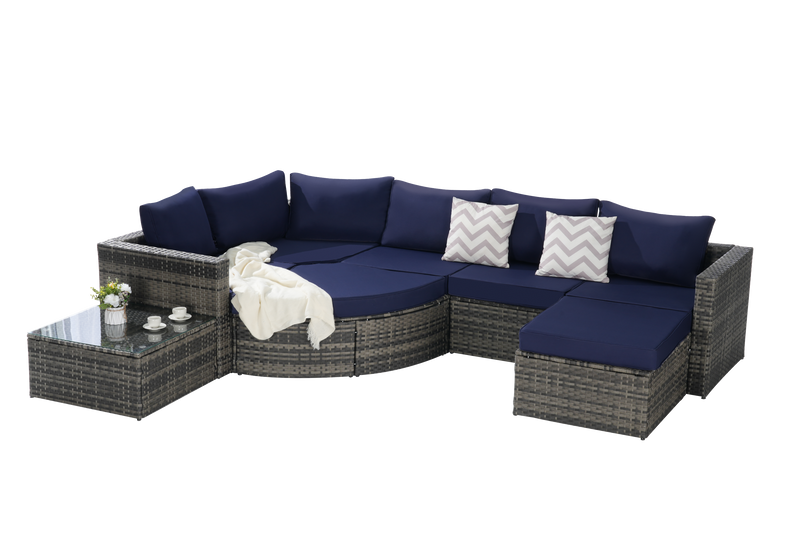 8 Piece Outdoor Patio Sofa Set, Sectional L- Shaped Patio Furniture Wicker Patio Conversation Set with Curved Sofa  Ottoman & Glass Top Table for Backyard Poolside