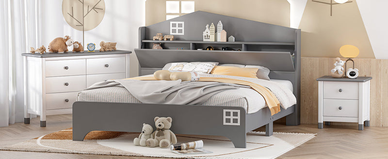 3-Pieces Bedroom Sets Full Size House Bed with Storage Headboard, Wooden Nightstand and Storage Dresser,Gray