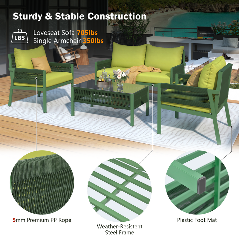 4-Piece Rope Patio Furniture Set, Outdoor Furniture with Tempered Glass Table, Patio Conversation Set Deep Seating with Thick Cushion for Backyard Porch Balcony (Fluorescent Yellow & Green)