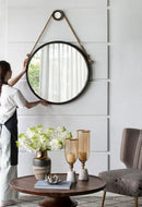 Handsome Cleveland Mirror With Rope Strap Contemporary Design Circle Mirror With Round Metal Frame For Wall Decor by Unique Piece Furniture