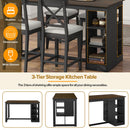 60"Lx30"W Solid Wood Farmhouse Counter Height Dining Table Set with 3-Tier Storage Shelves, Upholstered Dining Chairs for 4, 5-Piece, Gray