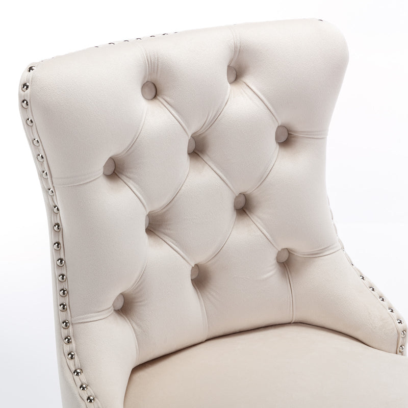 26" Counter Height Bar Stools Set of 2, Modern Velvet Barstools with Button Back&Rivet Trim Upholstered Kitchen Island Chairs with Sturdy Chromed Metal Base Legs Farmhouse Bar Stools, (Beige, 2 Pack)