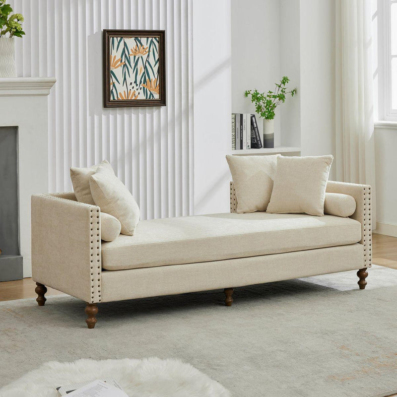 75.2'' Wide Upholstered Chaise Lounge Indoor with Nailheads,Sleeper Sofa Couch With 4 Throw Pillows&2 Bolsters,Daybed with Rubberwood Legs For Living Room,Bedroom, Apartment,Guestroom,Beige Chenille