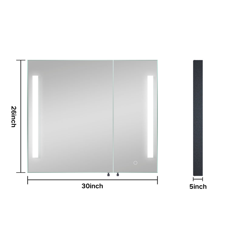 30x26 inch Black LED Mirror Medicine Cabinet Surface, Defogger, Anti-Fog, Dimmable Lights Brightness Memory