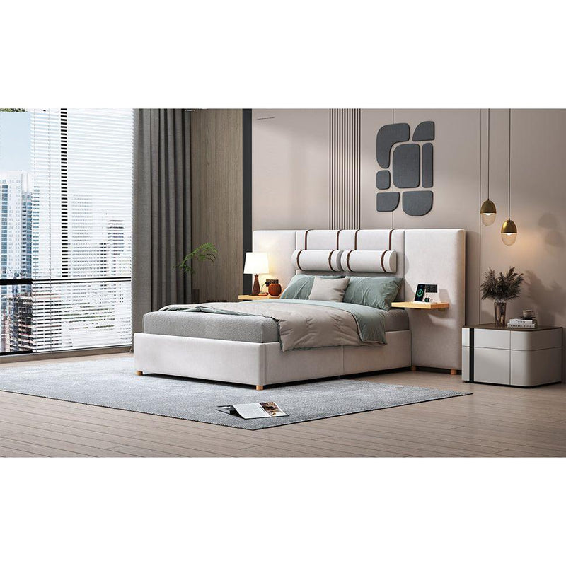 Full Size Upholstered Platform Bed, Two Outlets and USB Charging Ports on Both Sides, Two Bedside Pillows, Storage Shelves,Velvet,Beige