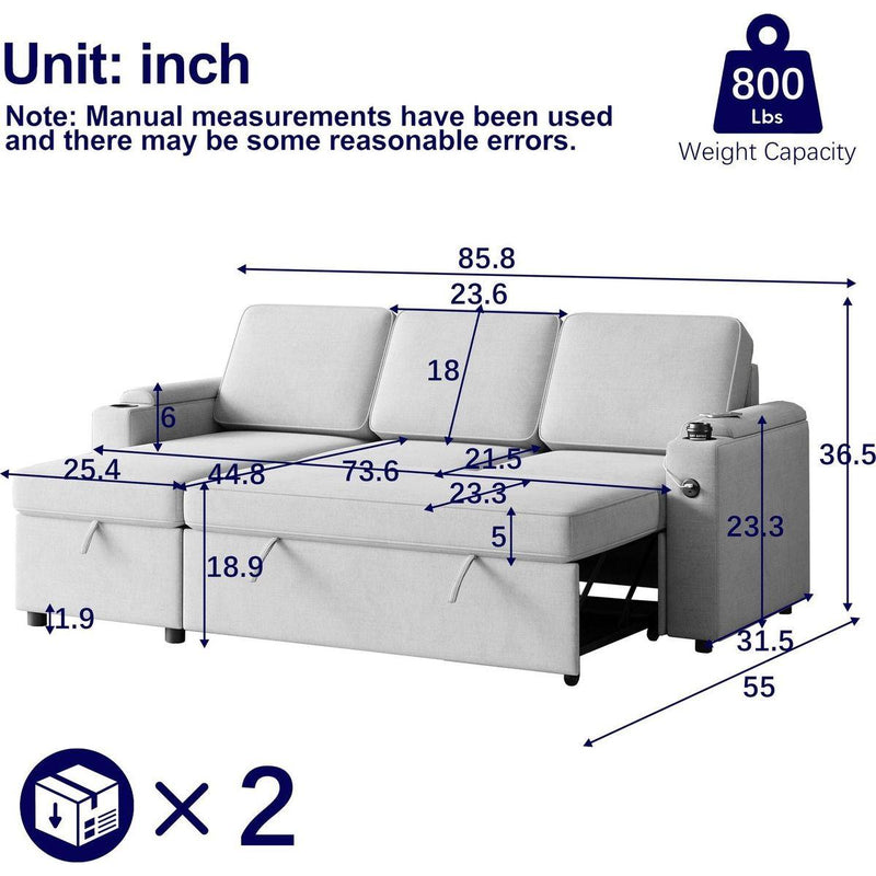 85.8" Sleeper Sofa, Sofa Bed - 2 in 1 Pull Out Sofa Bed with Storage Sofa, Sofa Sleeper with Pull Out Bed with Charging Port