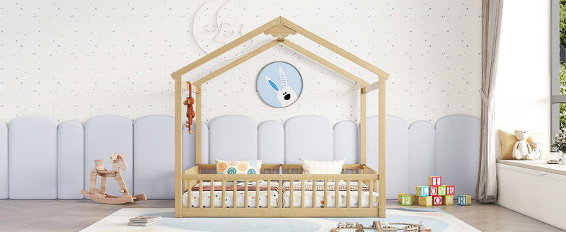 Double Twin House-Style Floor Bed with Fence, Guardrails, without door, Natural(Old Sku:W504P143318)