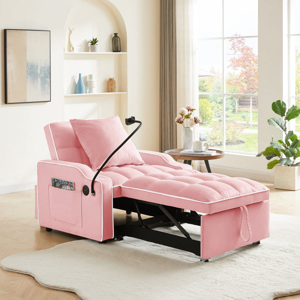 3-in-1 Convertible Sleeper Chair with USB Charging, Pink Velvet