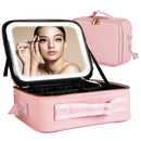 Travel Makeup Bag with LED Mirror Makeup Case Organizer with 3 Light Colors Adjustable Dividers Brush Holder Magnifying Mirror Shoulder Strap Luggage