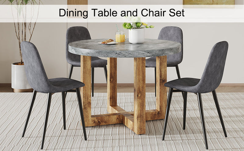 A modern and practical circular dining table. Made of MDF tabletop and wooden MDF table legs. A set of 4 cushioned chairs.