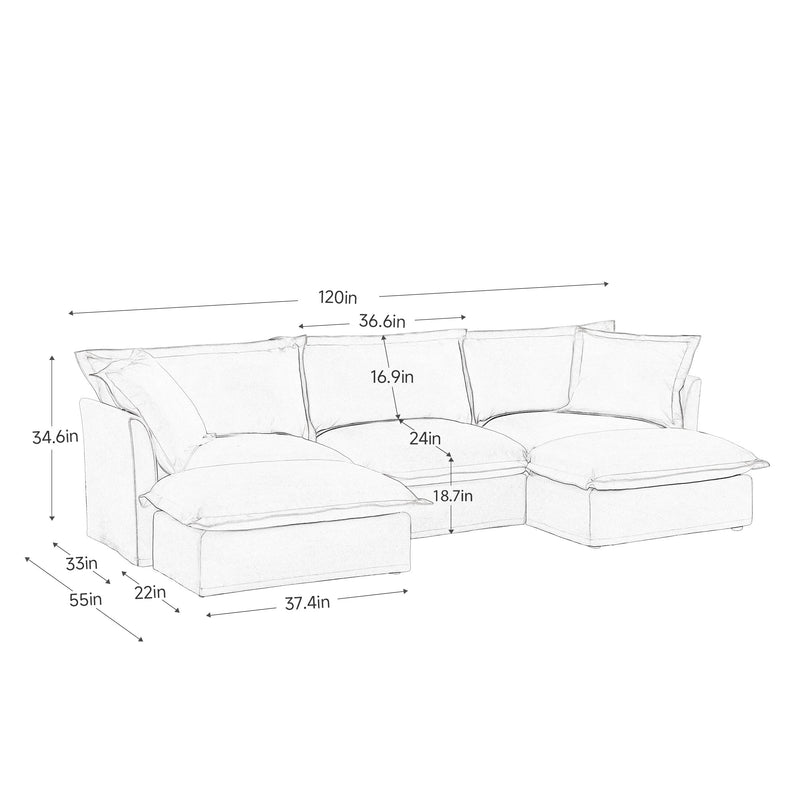 Slipcovered U Shape Sectional Deep Seat Sofa Couch, 3 Seater Sofa with French Edges Design Multiple Big Pillows, Modular Deep Seat Sectional Sofa Comfy Cloud Couch for Living Room, Apartment,Chenille