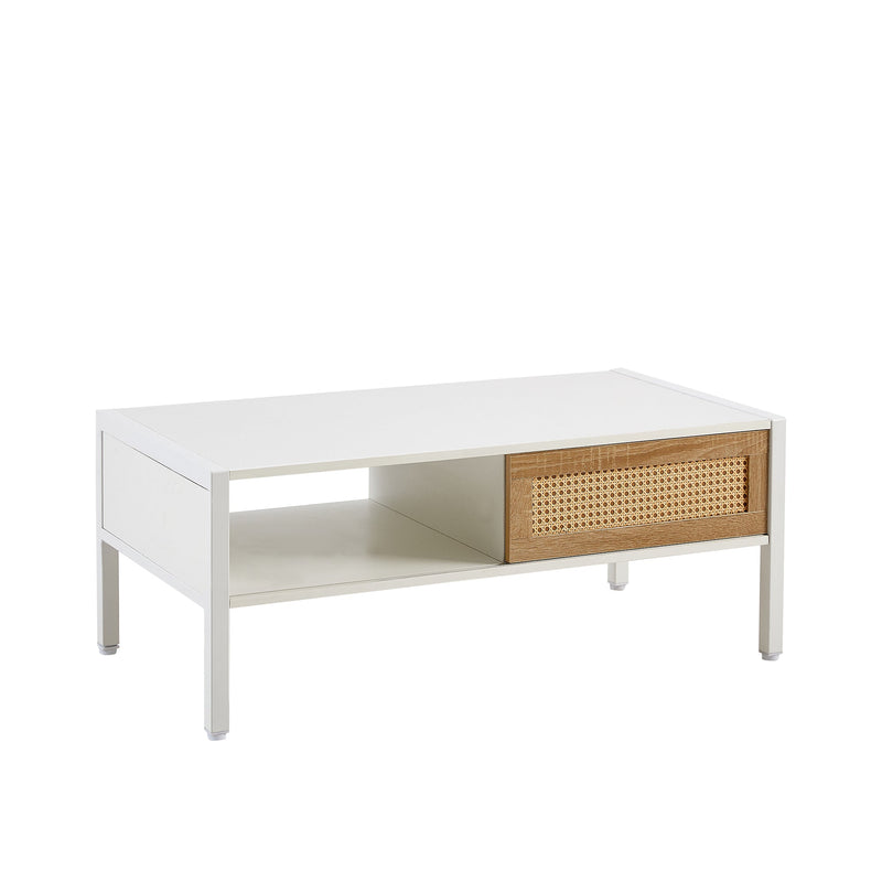 40.16" Rattan Coffee table, sliding door for storage, metal legs, Modern table for living room, white