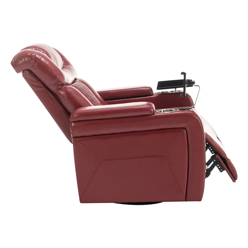 270 Degree Swivel PU Leather Power Recliner Individual Seat Home Theater Recliner with Comforable Backrest, Tray Table, Phone Holder, Cup Holder, USB Port, Hidden Arm Storage for Living Room, Red