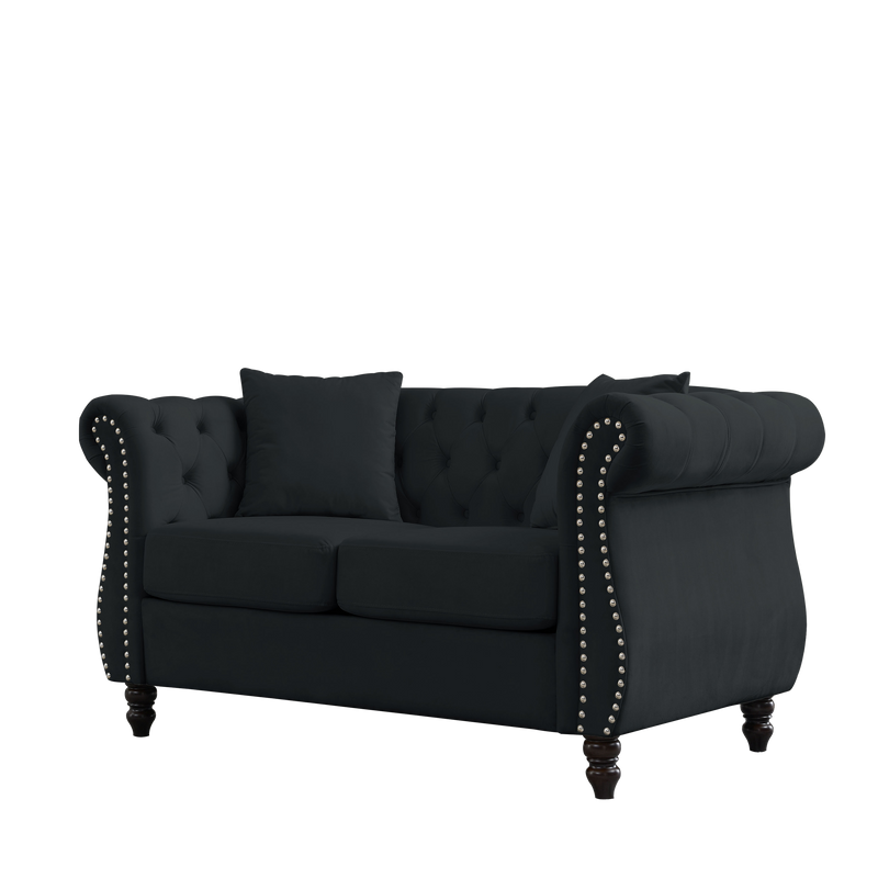 80" Chesterfield Sofa Black Velvet for Living Room, 3 Seater Sofa Tufted Couch with Rolled Arms and Nailhead for Living Room, Bedroom, Office, Apartment, 3S With 3S