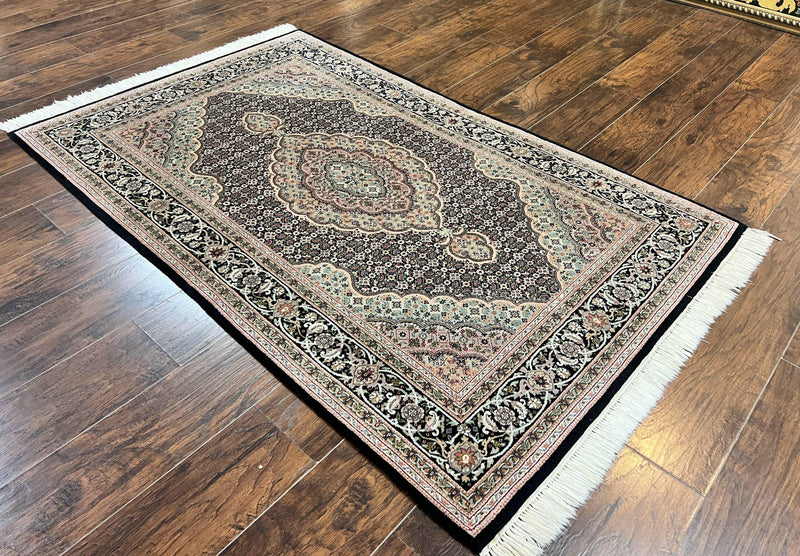 Sino Persian Rug 4x6, Fine Hand Knotted Carpet, Black, Wool, Vintage Rug 4 x 6, Herati Mahi, 300 KPSI