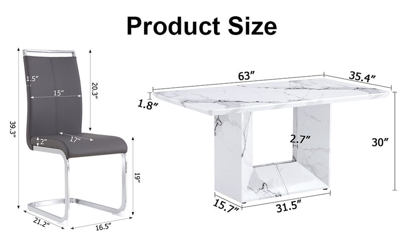 A simple dining table. A dining table with a white marble pattern. 6 PU synthetic leather high backrest cushioned side chairs with C-shaped silver metal legs. DT-SQ-16090-wh