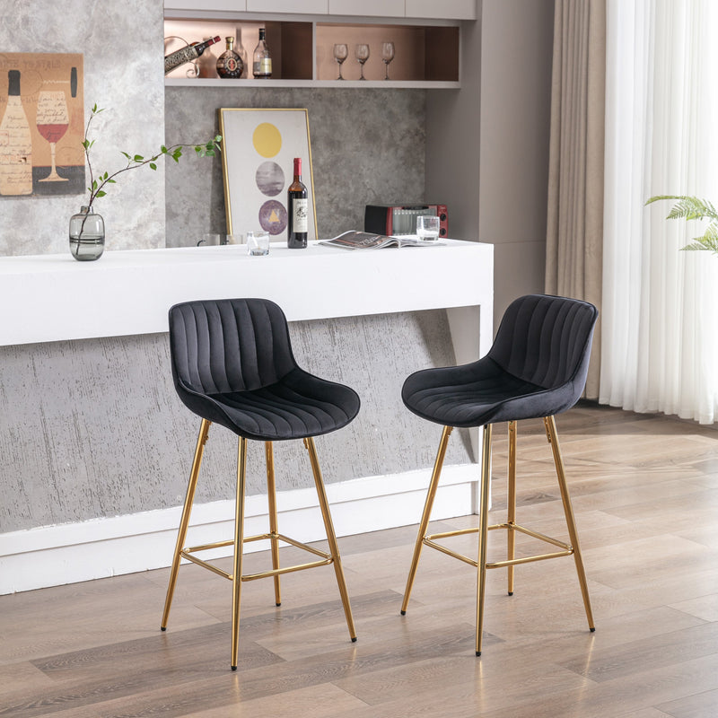 26 Inch Set of 2 Bar Stools, with Chrome Footrest Velvet Fabric Counter Stool Golden Leg Simple Bar Stool, BLACK