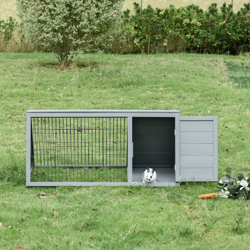 46" x 24" Wooden A-Frame Outdoor Rabbit Cage Small Animal Hutch with Outside Run & Ventilating Wire, Grey