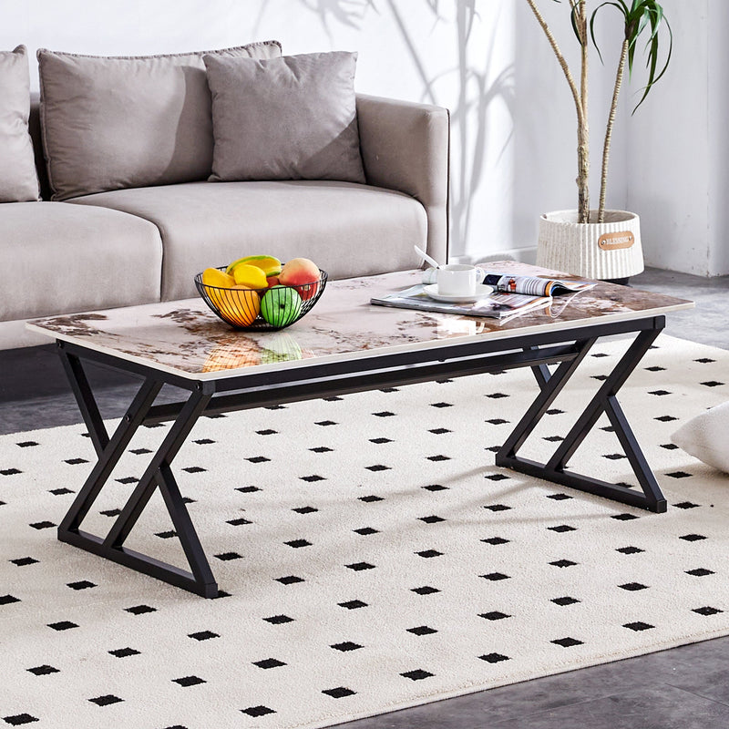 A modern minimalist style marble patterned coffee table with black metal legs. Computer desk. Game table. Tea table. CT-XX