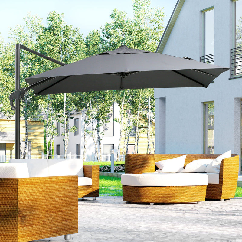 8FT Cantilever Patio Umbrella, Square Outdoor Offset Umbrella with 360 Rotation, Aluminum Hanging Umbrella with 3-Position Tilt, Crank & Cross Base for Garden, Dark Gray