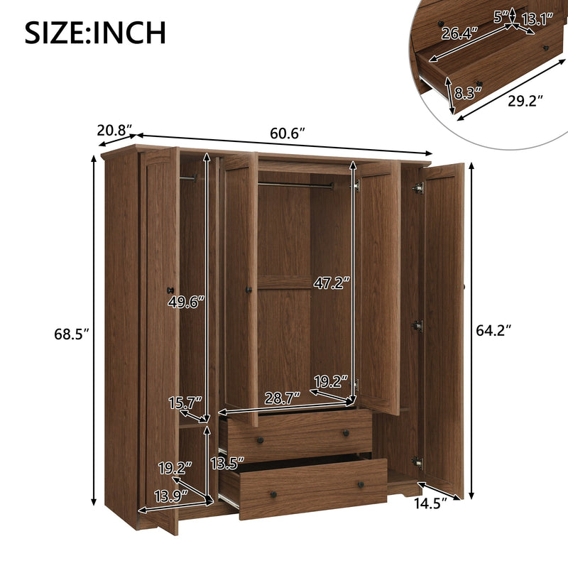 4 Door Wardrobe Armoire Closet with 2 Drawers, Brown